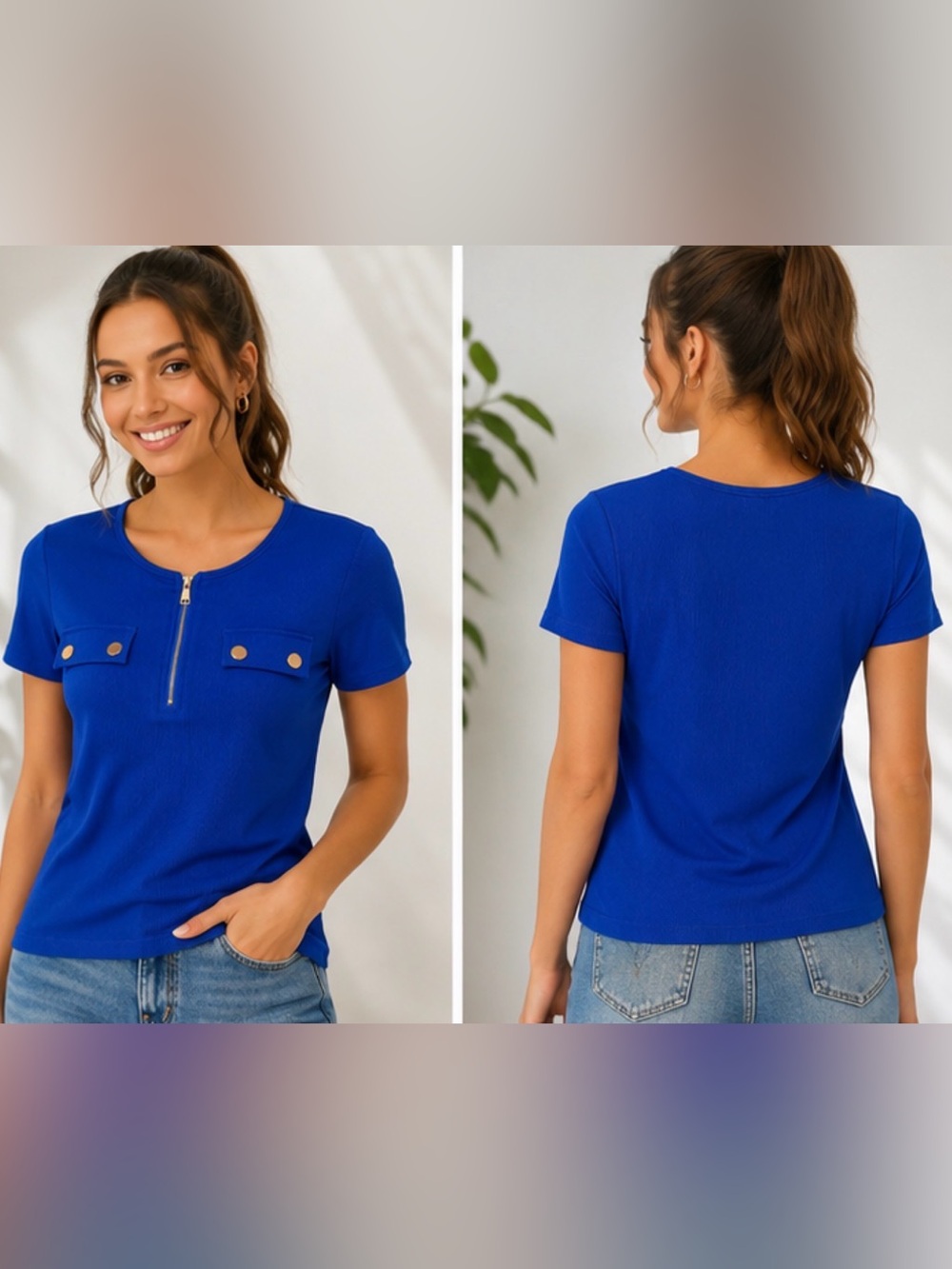 Cobalt Blue Ribbed Zip Front Top w/ Gold Snap Pockets Size S